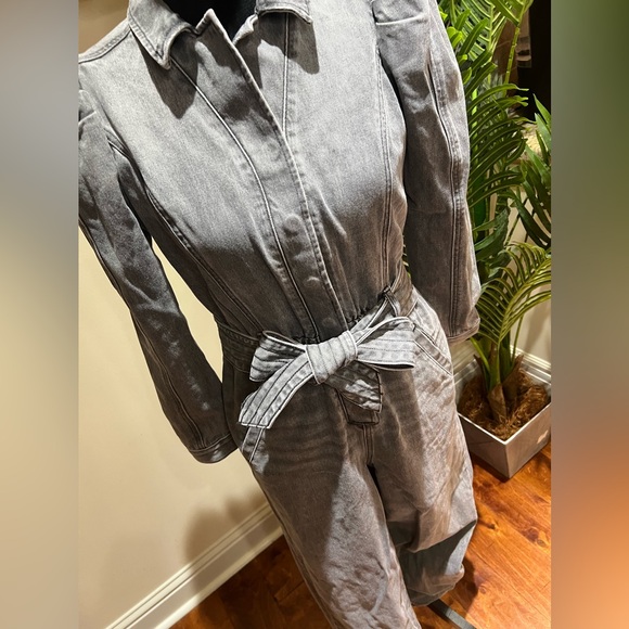 Express Puff Sleeve Tie Waist Gray Wash Denim Jumpsuit 6 - Picture 5 of 16